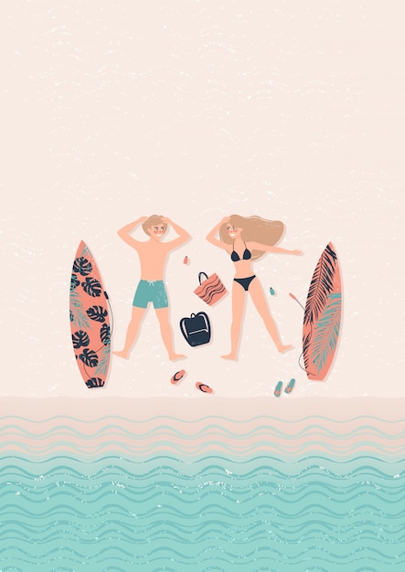 Surfingowowie Na Plażowej Ilustraci