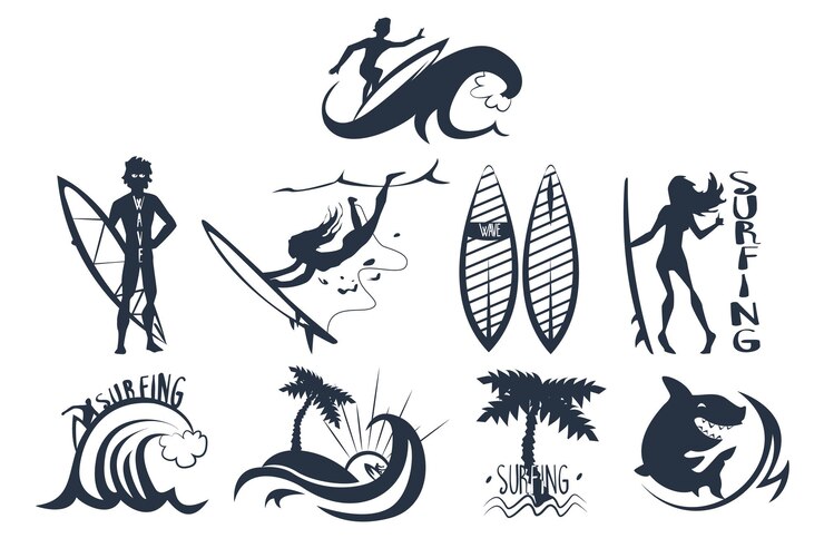 Wektor surfuj ludzie z deską surfingową na falach letnie wakacje retro monochromatyczne wektory ilustracje izolowane na białym tle