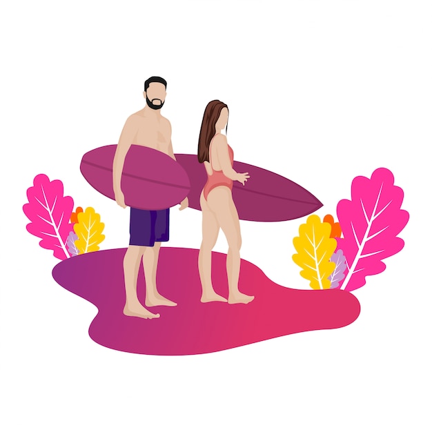 Plik wektorowy surfuj wakacje mężczyzny i kobiety na plaży