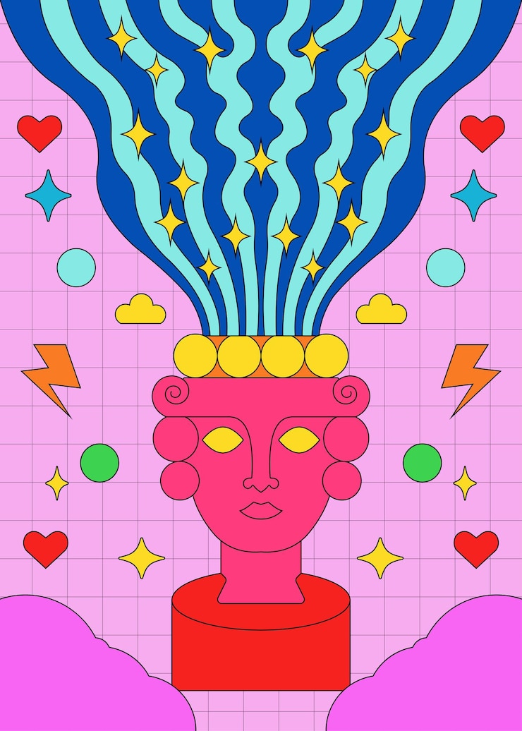 Wektor surrealistyczna psychedeliczna głowa z elementami kosmicznymi