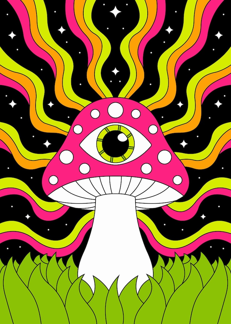 Wektor surrealistyczny psychedeliczny grzyb z wzorem oczu w żywych kolorach