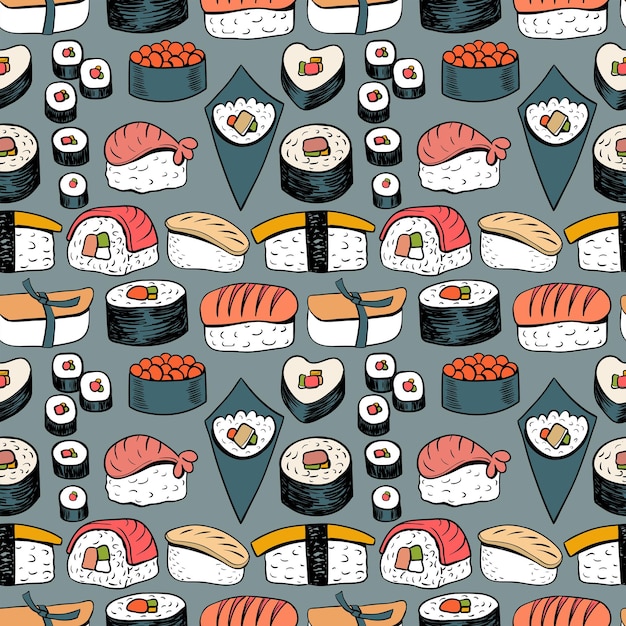 Sushi bezszwowe tło Japońskie jedzenie sushi i rolki Doodle