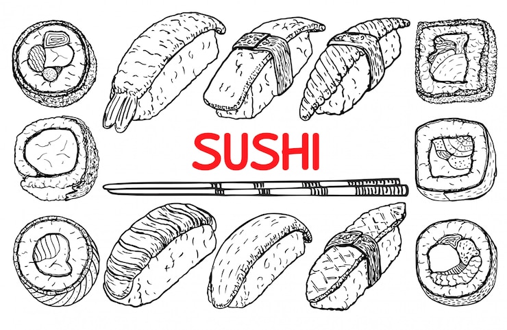 Wektor sushi i bułki, rysunek odręczny świeża ryba i ryż z patyczkami.