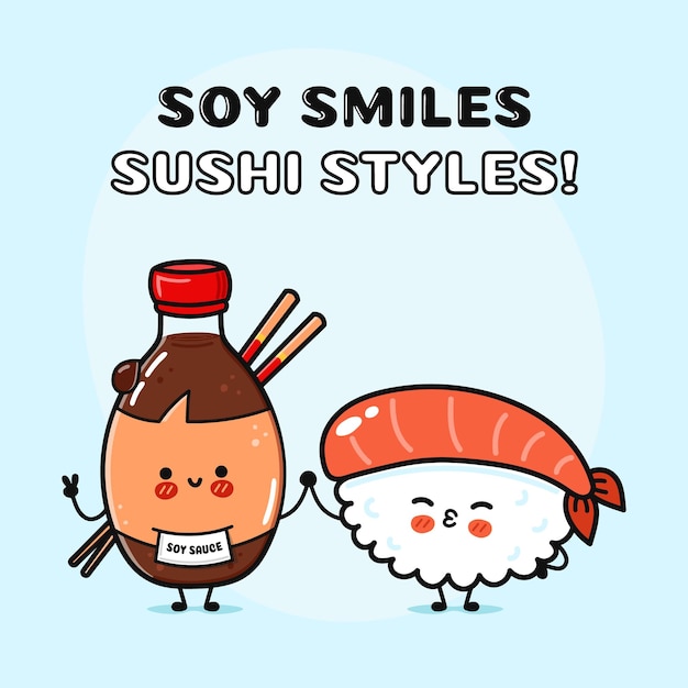 Sushi i sos sojowy charakter Wektor ręcznie rysowane kreskówka kawaii znaki ilustracja ikona Zabawna kreskówka szczęśliwy Sushi i sos sojowy przyjaciele