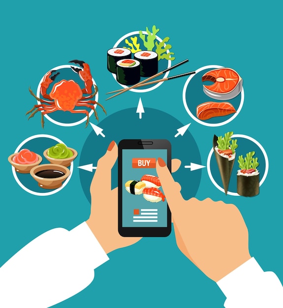 Sushi Kolorowe Koncepcja Naciskając Palcem Na Ekranie Dotykowym Z Okrągłymi Ikonami Ilustracji Wektorowych