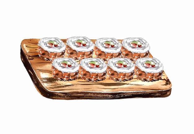 Sushi roll akwarela ilustracja azjatyckie japońskie jedzenie menu na lunch