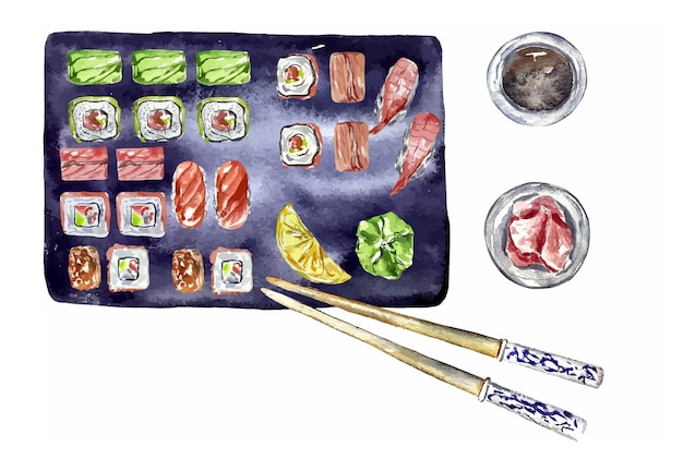 Sushi roll akwarela ilustracja azjatyckie japońskie jedzenie menu na lunch