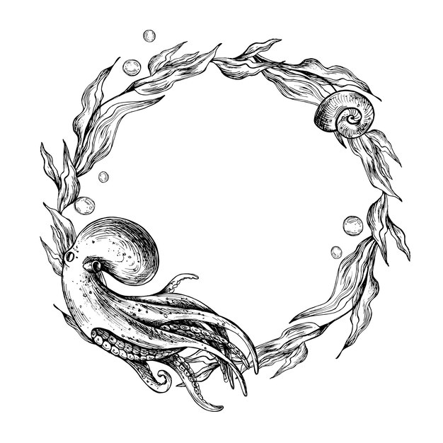 Plik wektorowy Świat podwodny clipart z zwierzętami morskimi ośmiornica meduza koralowy i glony ilustracja graficzna