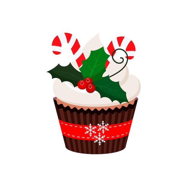 Plik wektorowy Świąteczna babeczka z jemiołą i cukierkami słodkie zimowe słodycze jedzenie xmas muffin z czerwoną wstążką i płatkami śniegu krem cukrowy z jagodami jemioły i liśćmi płaska kreskówka deserowa ilustracja wektorowa