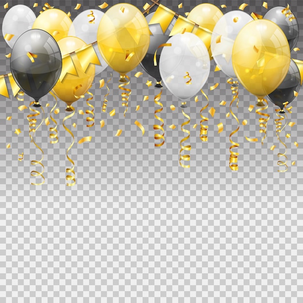 Plik wektorowy Świąteczna dekoracja z balonów złote serpentyny skręcone wstążki flagi na przezroczystym tle
