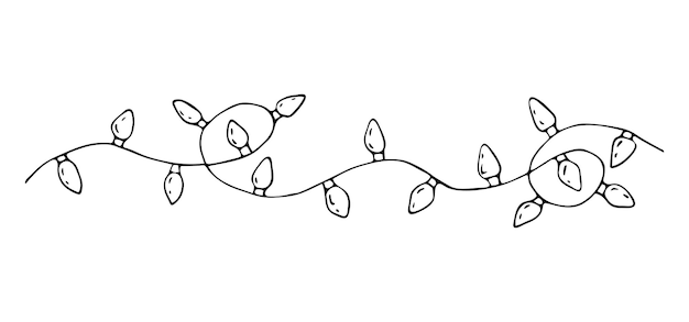 Świąteczna girlanda z lampkami w stylu doodle. Boże Narodzenie ikona ręcznie rysowane wianek.