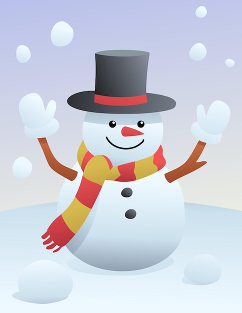 Świąteczna ilustracja bałwana w kapeluszu i szalu w śniegu