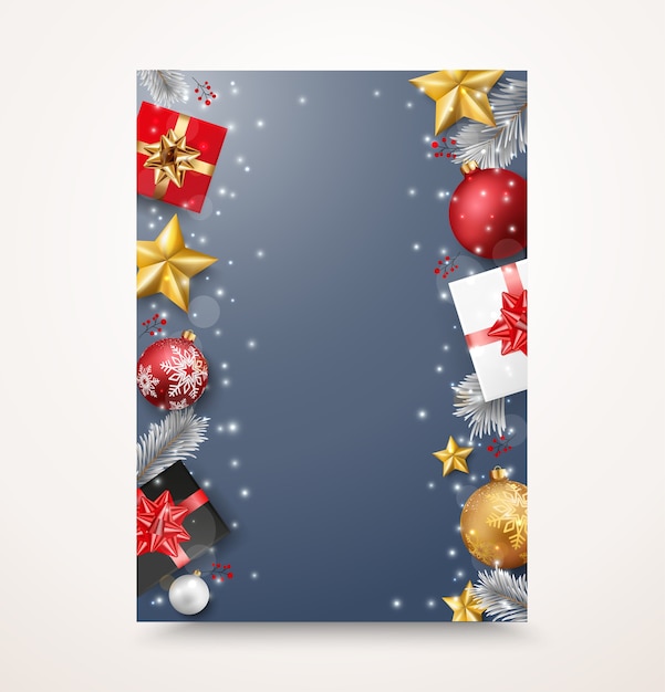 Plik wektorowy Świąteczna kartka z pozdrowieniami z czerwonymi i złotymi kulkami i konfetti