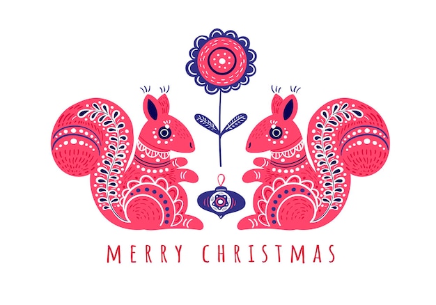 Świąteczna Kartka Z życzeniami Z Dwiema Uroczymi Wiewiórkami Na Białym Tle Dekoracyjnym Stylu Ludowym
