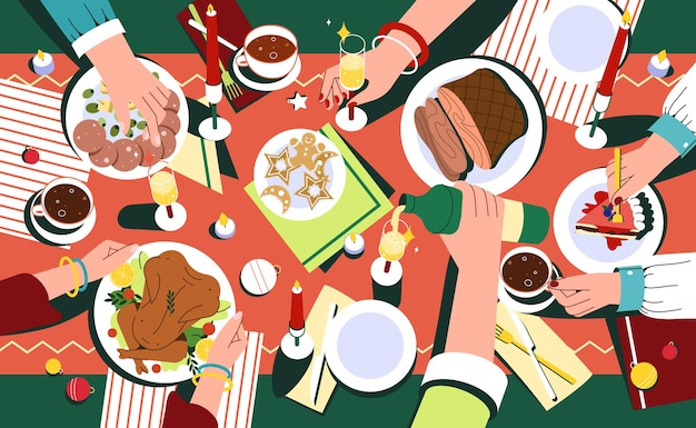 Plik wektorowy Świąteczna kolacja z rękami ludzi i udekorowanym stołem