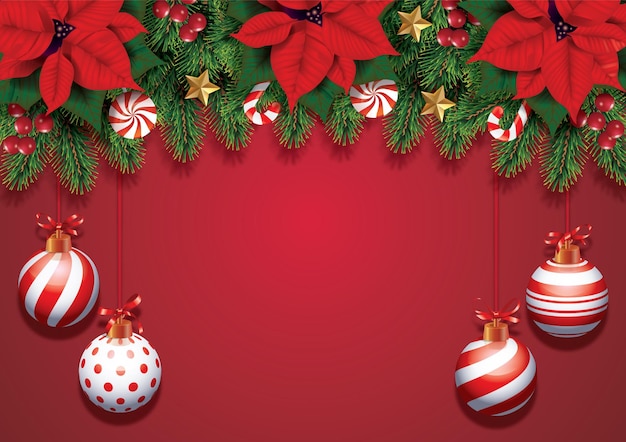 Plik wektorowy Świąteczna kompozycja na czerwonym tle gałęzie jodły z piękną poinsecją kłaniają się kulą