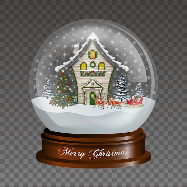 Świąteczna kula śnieżna z drewnianym dekorowanym domem sanie świętego mikołaja i choinka