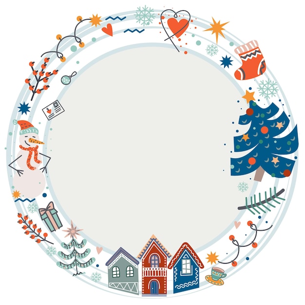 Plik wektorowy Świąteczna okrągła ramka z uroczymi domami drzewami i płatkami śniegu