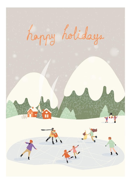 Świąteczna Pocztówka Z życzeniami Zimyzielony Kolor Zimyludzie Szczęśliwi Na świeżym Powietrzu Z Jazdą Na łyżwach I Bałwanem