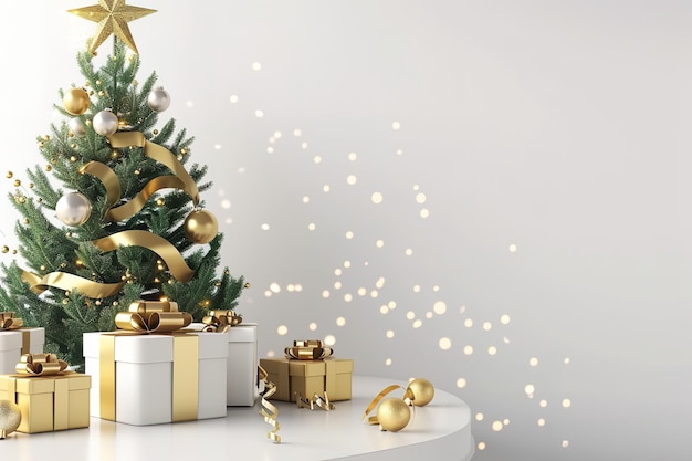 Świąteczna scena na podium z śnieżnikiem i choinką na różowym tle 3d rendering