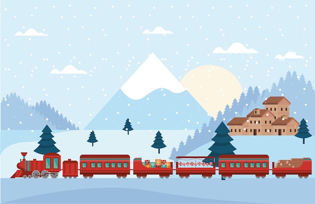 Plik wektorowy Świąteczna scena z czerwonym pociągiem