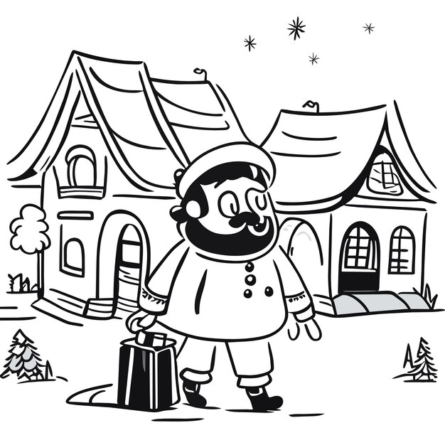 Plik wektorowy Świąteczna scena zimowa z ręcznie narysowaną płaską stylową naklejką kreskówkową
