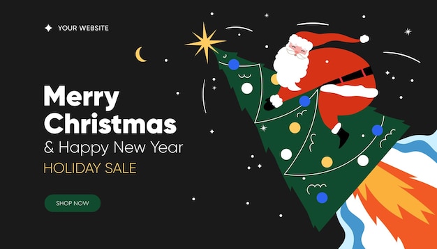 Świąteczna wyprzedaż baner internetowy Święty Mikołaj latający na rakiecie Christmastree Karta z pozdrowieniami plakat transparentu strony docelowej