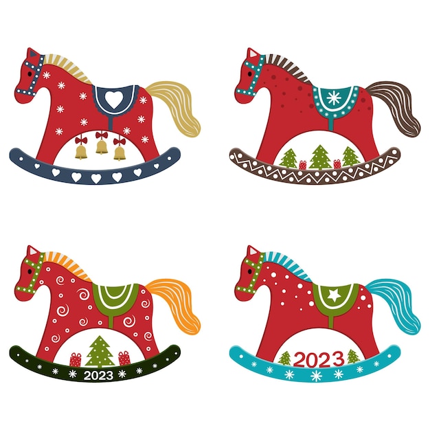 Świąteczna Zabawka Dla Choinkowego Konia Na Biegunach W Stylu Vintage Z Symbolem Nowego Roku Wektor Ilustracja Na Białym Tle