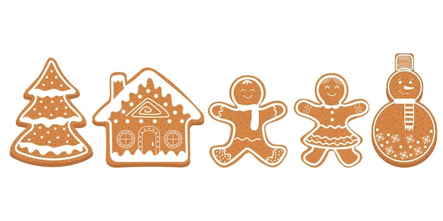 Plik wektorowy Świąteczne ciasteczka z piernika. mężczyzna, dom, bałwan, choinka z ornamentem.