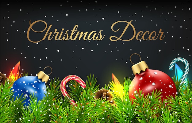 Plik wektorowy Świąteczne dekoracje z gałęzi sosny z zabawkami, girlandami, cukierkami, laskami, stożkami