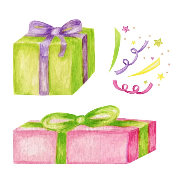 Świąteczne kolorowe pudełka na prezenty, stos opakowań. Akwarela ilustracja kreskówka