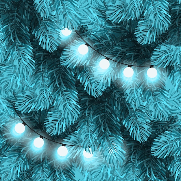 Świąteczne lampki na gałęziach sosny Girlanda światła dekoracje świerk jodła Zimowe tło bożego narodzenia
