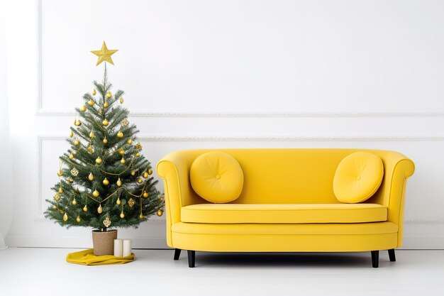 Plik wektorowy Świąteczne wnętrze salonu w stylu skandynawskim drzewo bożonarodzeniowe z pudełkami podarunkowymi biała kanapa na