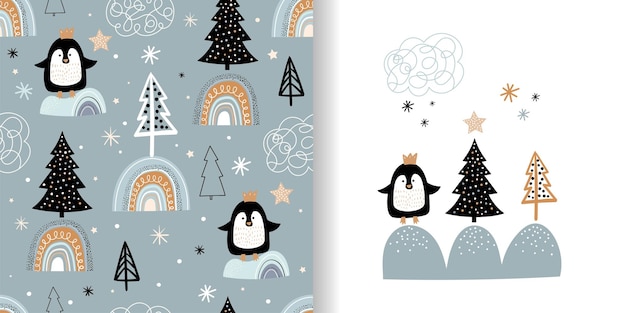 Świąteczne Zimowe Bezszwowe Wzory Dla Dzieci Z Uroczym Projektem Pingwinów Na Kartkę Z życzeniami Z Tkaniny