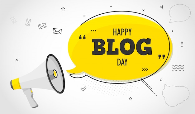 Plik wektorowy Świąteczny dzień na blogu. megafon i kolorowy żółty dymek z cytatem. zarządzanie blogiem, blogowanie i pisanie na stronę internetową, plakat koncepcyjny