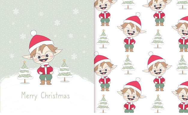 Świąteczny Elf Ręcznie Rysowane Karty I Wzór