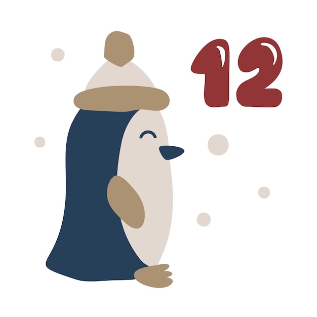 Świąteczny kalendarz adwentowy z ręcznie rysowanym pingwinem Dzień dwunasty 12 Plakat w stylu skandynawskim Urocza zimowa ilustracja do plakatu z kartką Wystrój pokoju dziecięcego Sztuka przedszkola