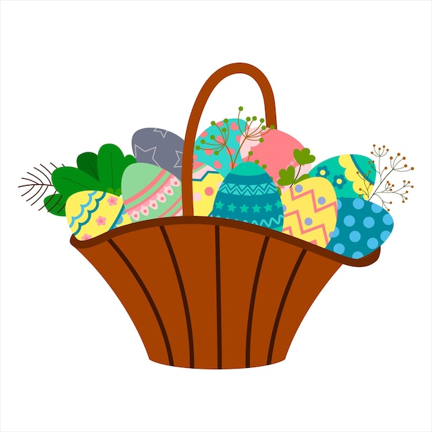 Plik wektorowy Świąteczny koszyk wielkanocny z zestawem jajek z ornamentami i gałązkami roślin kartka wielkanocna z życzeniami