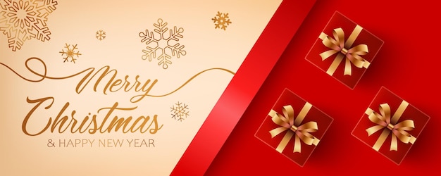 Świąteczny miękki baner z tekstem Wesołych Świąt i Szczęśliwego Nowego Roku, płatkami śniegu i czerwonymi pudełkami prezentowymi