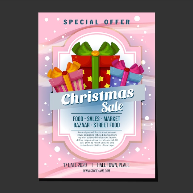 Świąteczny Plakat Sprzedaży Lub Szablon Ulotki Z Obecnym Pudełkiem Prezentowym Motywu Tekstury śniegu