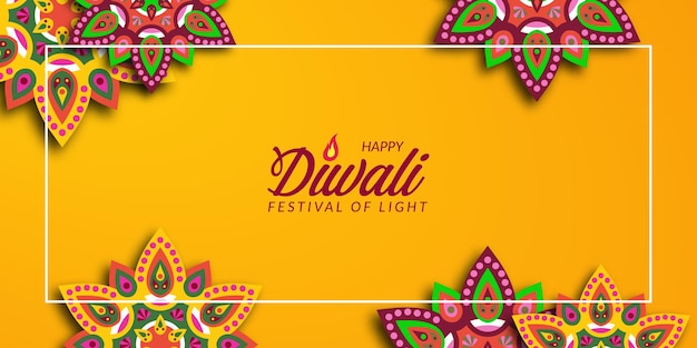 Plik wektorowy Świąteczny projekt festiwalu diwali z wyciętym papierem w stylu indyjskiej mandali z mandali z żółtym tłem