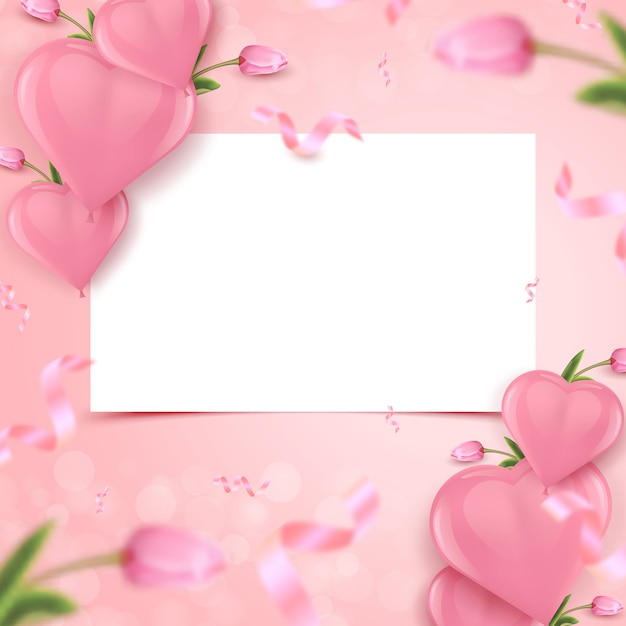Plik wektorowy Świąteczny projekt karty z białą ramą, różowymi balonami w kształcie serca, tulipanami i spadającymi konfetti z folii na różowym tle. puste miejsce na kreatywność. ilustracja