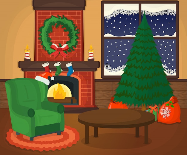 Plik wektorowy Świąteczny przytulny pokój z choinką, kominkiem, fotelem, prezentem