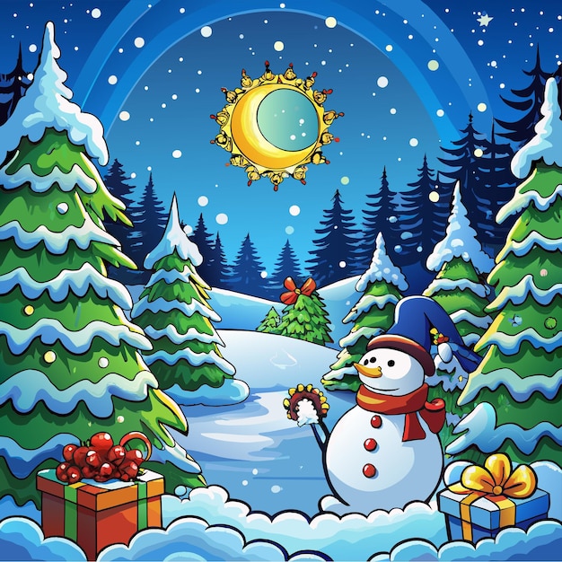 Plik wektorowy Świąteczny śnieżak z wieloma pudełkami z prezentami i ozdobionym drzewem ręcznie narysowanym bohaterem kreskówki