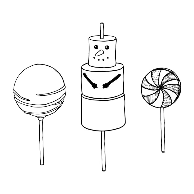 Świąteczny śnieżnik marshmallow Ciasto na patyku ciasto pojawia się w glazurze z paskami cukierniczymi Błyszczące cukierki na patyku spiralny lizak cukier karamelowy paskowe cukierki Ilustracja wektorowa grafika