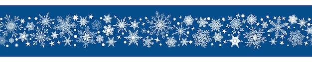 Świąteczny Sztandar Różnych Złożonych Dużych I Małych Płatków śniegu Z Poziomą Bezszwową Powtarzalnością, Biały Na Niebieskim Tle