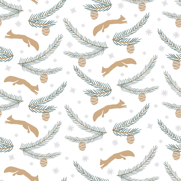 Plik wektorowy Świąteczny wzór z wiewiórczymi płatkami śniegu, świerkowymi gałęziami i szyszkami