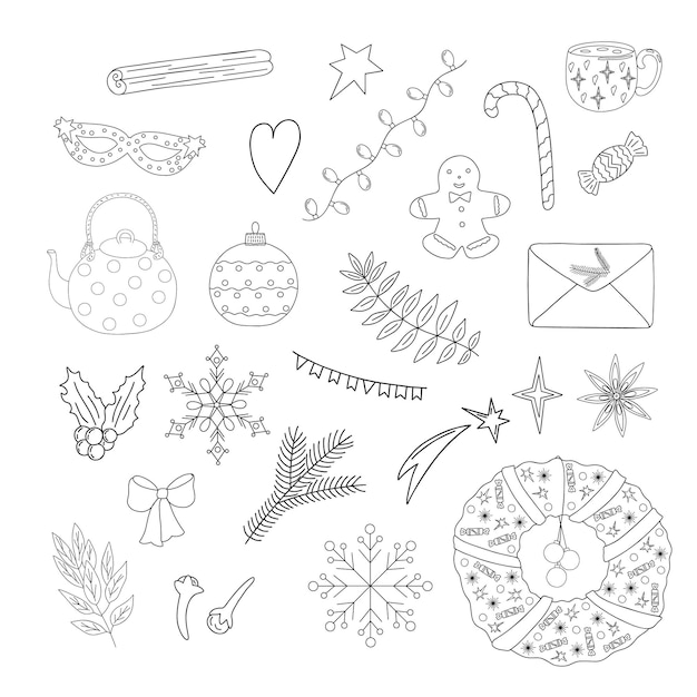Świąteczny zestaw holly roślina śnieżynka piernik jodła girlanda, doodle styl na ferie zimowe