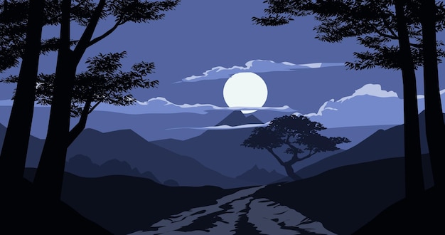 Światło księżyca nad górą. Nocna sceneria widziana z ciemnego lasu.