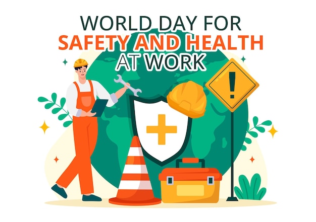 Plik wektorowy Światowy dzień bezpieczeństwa i zdrowia w pracy ilustracja z narzędziem mechanicznym i hełmem budowlanym